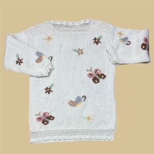 VTG Melbourne Elements Hand Knit Sweater Floral Butterfly Applique Crochet Sz S